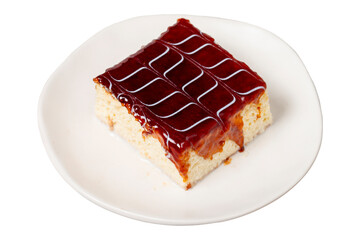 Tres leches cake. Slices of trilece cake with milk and caramel isolated on white background. patisserie products. Close up