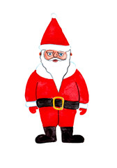 Illustration of Santa Claus. Stylized character drawn in watercolor. Isolated on white background. Bright red suit. Black belt and boots. Triangular cap to the mountain. Looks at the face. Funny, cute