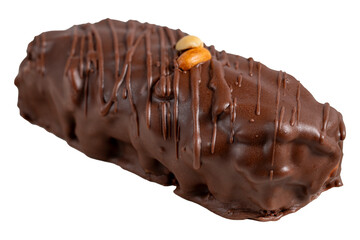 Chocolate and peanut cake. Peanut cake with fresh caramel filling isolated on white background. Close up