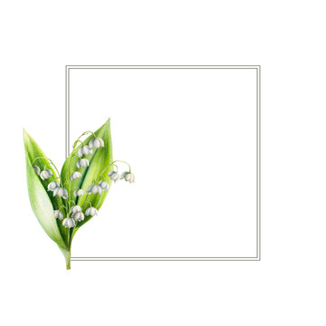 Watercolor frame with bouquet of lilies of the valley flowers isolated on white background. Spring hand painted illustration. For designers, wedding, decoration, postcards, wrapping