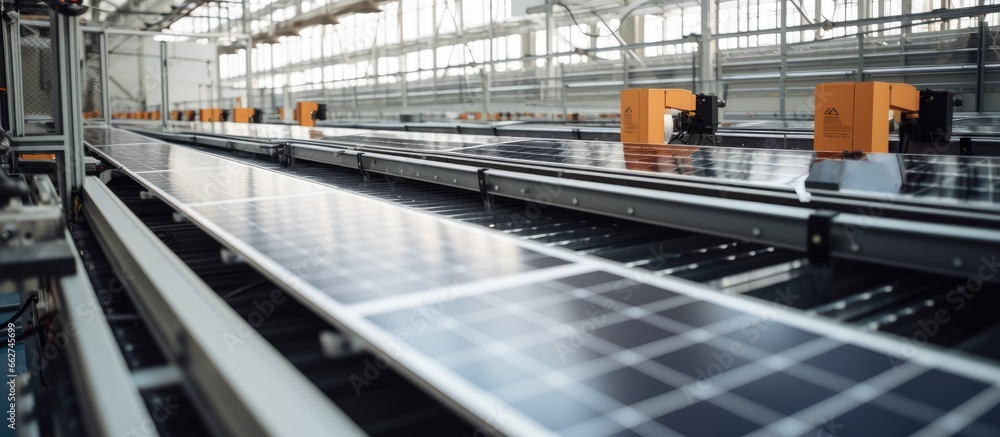 Poster assembly of solar panels on a conveyor in a bright modern factory with robot arms with copyspace for