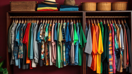 Big wardrobe with different clothes for dressing room