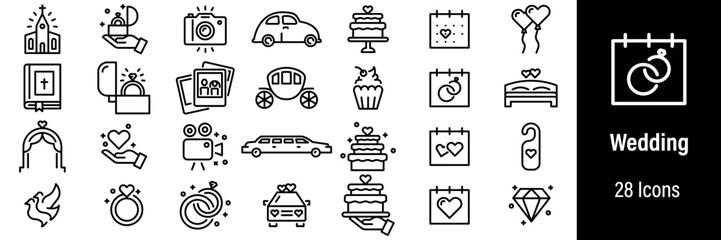 Wedding Web Icons. Altar, Rings, Marriage, Wedding Cake, Church. Vector in Line Style Icons