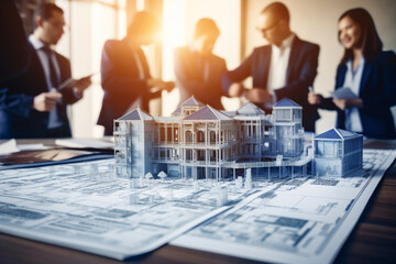 Architect, blueprint or building engineer meeting or planning architecture design strategy, Team diversity, construction teamwork or property leader with real estate innovation, vision or design - obrazy, fototapety, plakaty