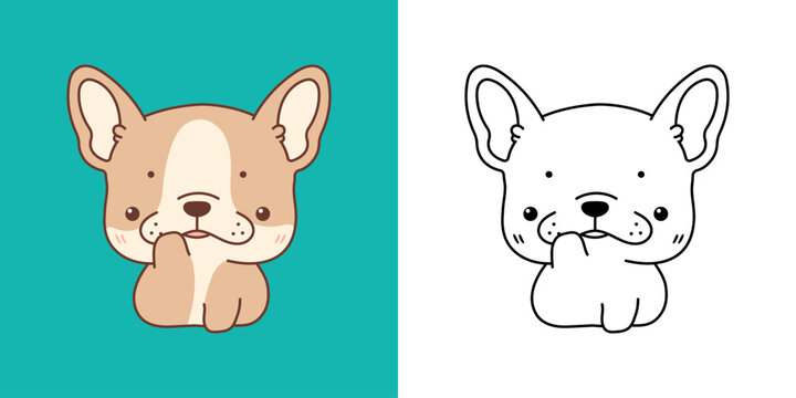 Set Clipart French Bulldog Puppy Coloring Page and Colored Illustration. Kawaii Isolated Dog.