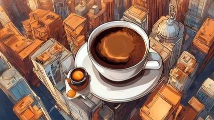 Fototapeten Frühstück in der Stadt. Kaffeetasse mit Untertasse steht auf den Dächern der Stad. Zeichnung © ludariimago