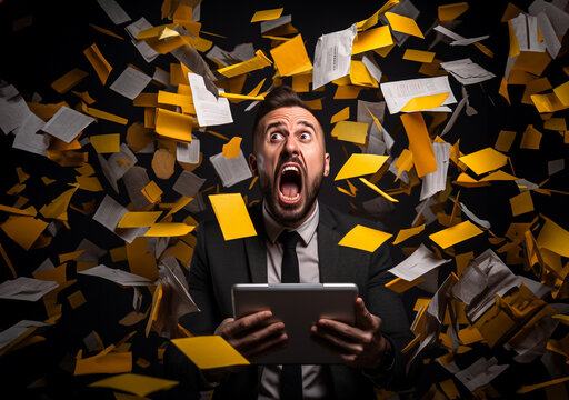 Shouting. Tired and sad businessman sitting over exploding pile of documents. Many tasks; hard work and fatigue.; Time pressure. Office items. Dark blue background. Generative AI