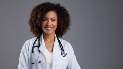 Young medical doctor with stethoscope. Smiling African american woman in white coat. Waist up photo portrait with copy space. Hospital staff concept, isolated on gray background