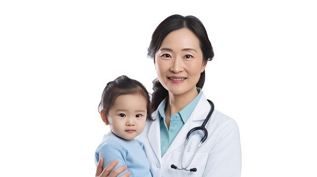 Pediatrician holding a small child. asian female medical doctor wearing white coat. Middle aged smiling woman with Asian kid. Healthcare professional, medical staff . Waist up photo on whitebackground