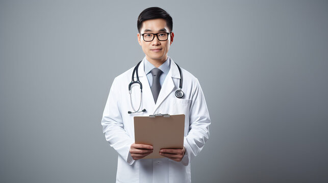 Photo of an Asian male medical doctor.  35 year old man wearing white coat and holding paper clipboard. Physician with stethoscope. Hospital staff concept. Isolated portrait on gray background