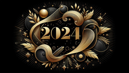 New Year Card for the year 2024 with a Beautiful Background Happy New Year is the center of attention The Ambiance is Emphasized by Golden Fireworks Wallpaper Digital Art
