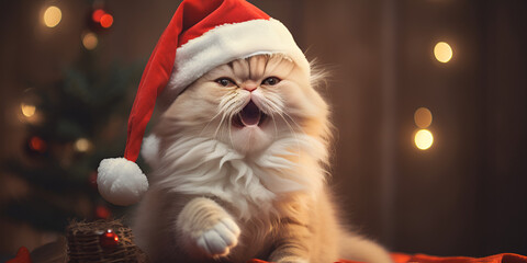 Ginger cat and christmas santa hat with trees bokeh wooden background Cat-tastic Holiday Portrait...