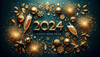 New Year Card for the year 2024 with a Beautiful Background Happy New Year is the center of attention The Ambiance is Emphasized by Golden Fireworks Wallpaper Digital Art