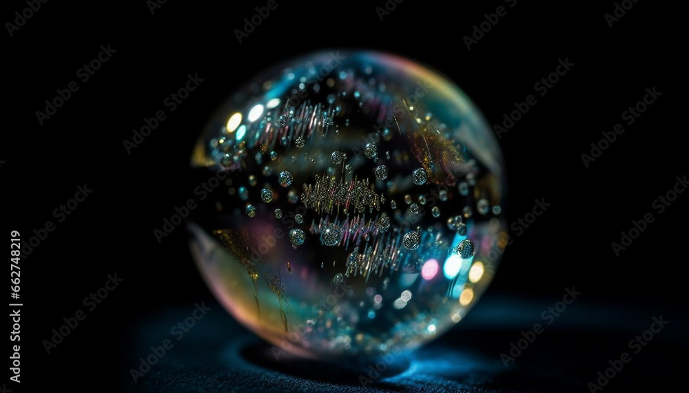 Poster translucent sphere reflects vibrant colors in abstract, futuristic pattern generated by ai
