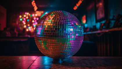 Vibrant disco ball illuminates multi colored dance floor at nightclub generated by AI