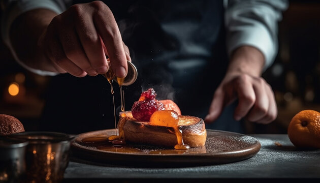 Handmade sweet pie baked by a gourmet chef on wooden table generated by AI