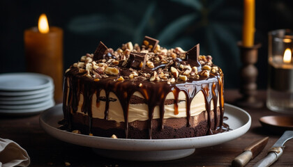 Fototapeta na wymiar Decadent chocolate cake with dark icing and fresh fruit slice generated by AI