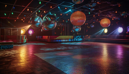 Vibrant colors illuminate modern nightclub stage with glowing lanterns generated by AI