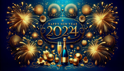 New Year Card for the year 2024 with a Beautiful Background Happy New Year is the center of attention The Ambiance is Emphasized by Golden Fireworks Wallpaper Digital Art