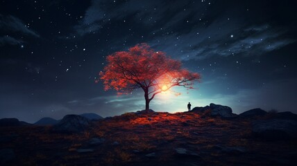 Fototapeta na wymiar Man standing alone under night sky tree photography picture Ai generated art