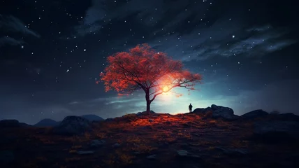 Foto op Plexiglas Man standing alone under night sky tree photography picture Ai generated art © Manik007