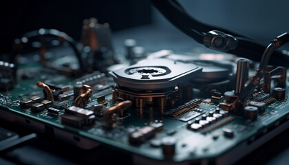 Obraz premium Abstract complexity of computer chip circuit board in electronics industry generated by AI