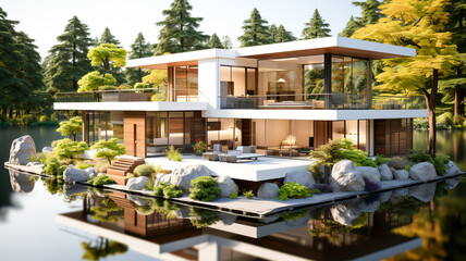 3d rendering of modern cozy house with pool and parking for sale or rent in luxurious style and beautiful landscaping on background. Clear sunny summer day with blue sky. Generative AI technology.