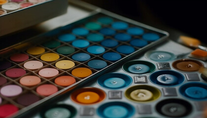 Naklejka premium Vibrant colors of fashion equipment in a shiny metal box generated by AI