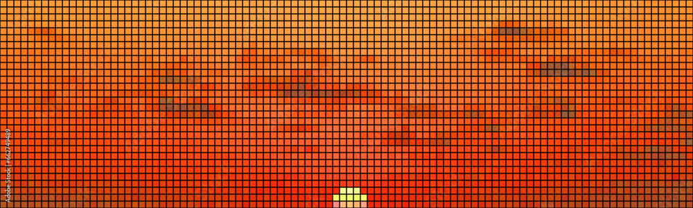 Fototapete pixelart sunset orange sky with sun and clouds with dithering. abstract background with a pattern of