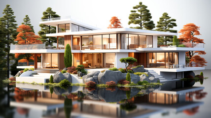 3d rendering of modern cozy house with pool and parking for sale or rent in luxurious style and beautiful landscaping on background. Clear sunny summer day with blue sky. Generative AI technology. - obrazy, fototapety, plakaty