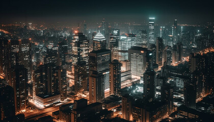 Fototapeta na wymiar Modern skyscrapers illuminate city skyline at night, bustling with traffic generated by AI