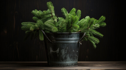 Fresh spruce branches in a tin bucket on a dark background 