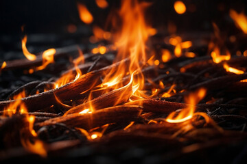 Orange flames on a black background. Fiery glowing waves. Created with Generative AI technology