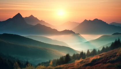 Tranquil sunset over majestic mountain range, a serene hiking adventure generated by AI