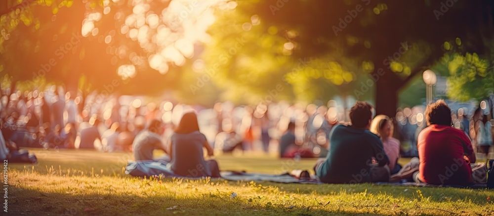 Wall mural Family members enjoy an outdoor picnic and open air public concert in a park sitting on grass With copyspace for text