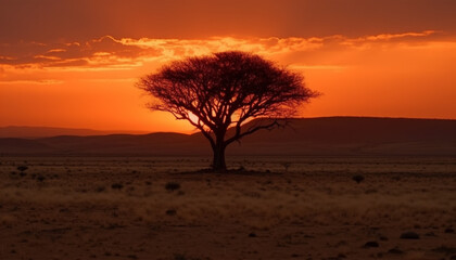 Fototapeta na wymiar Silhouette of acacia tree in African savannah at sunset generated by AI