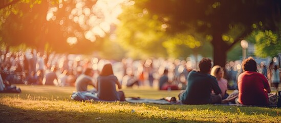 Family members enjoy an outdoor picnic and open air public concert in a park sitting on grass With copyspace for text - obrazy, fototapety, plakaty