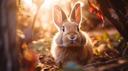 A cute rabbit that is sitting in the dirt 