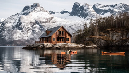 Fototapeta na wymiar Tranquil scene of mountain range and boathouse reflects beauty in nature generated by AI