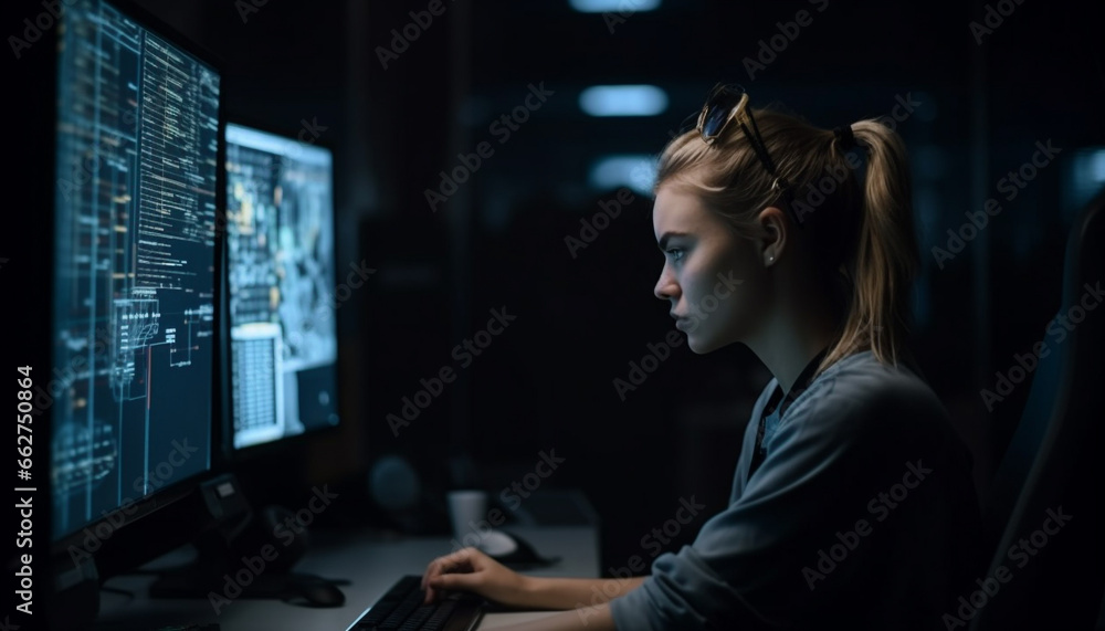 Poster young adult programmer working late, concentrating on computer monitor indoors generated by ai