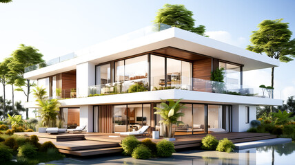 Fototapeta premium 3d rendering of modern cozy house with pool and parking for sale or rent in luxurious style and beautiful landscaping on background. Clear sunny summer day with blue sky. Generative AI technology.