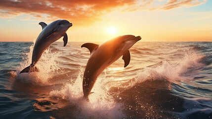 Dolphins Leaping From the Sea at Sunset - obrazy, fototapety, plakaty