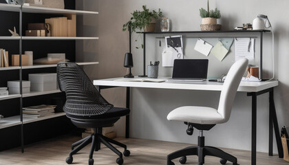 Modern office design with elegant wood furniture and creative decor generated by AI