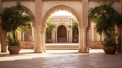 Fototapeta na wymiar Grand Arabic Archway in a Mediterranean Courtyard adorned with Potted Plants