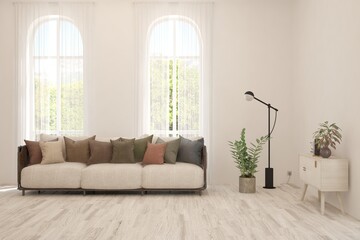 Bright interior design with modern furniture and summer landscape in window. 3D illustration