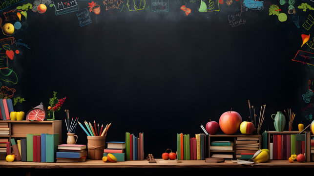 collection of colored pencils and apple and books on black board background back to school