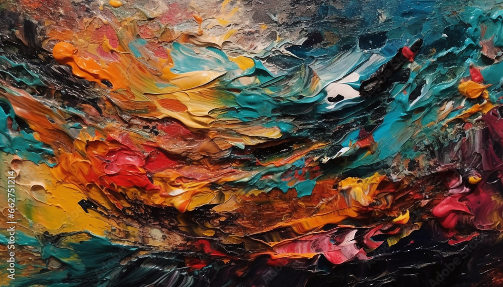 Poster vibrant abstract acrylic painting with multi colored brush strokes and patterns generated by ai