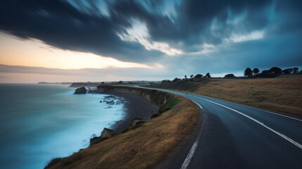 route isolée et déserte de bord de mer sous un ciel d'orage