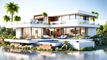 3d rendering of modern cozy house with pool and parking for sale or rent in luxurious style and beautiful landscaping on background. Clear sunny summer day with blue sky. Generative AI technology. - obrazy, fototapety, plakaty