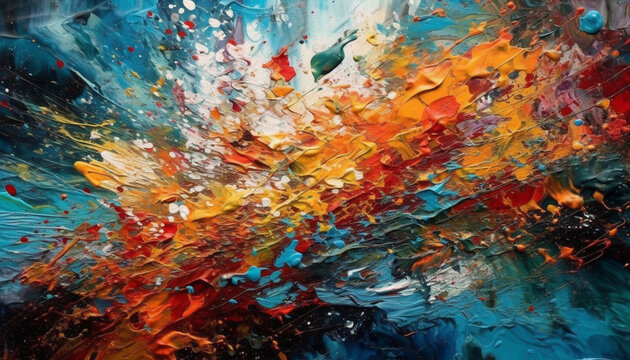 Vibrant colors splash across messy canvas in abstract acrylic painting generated by AI